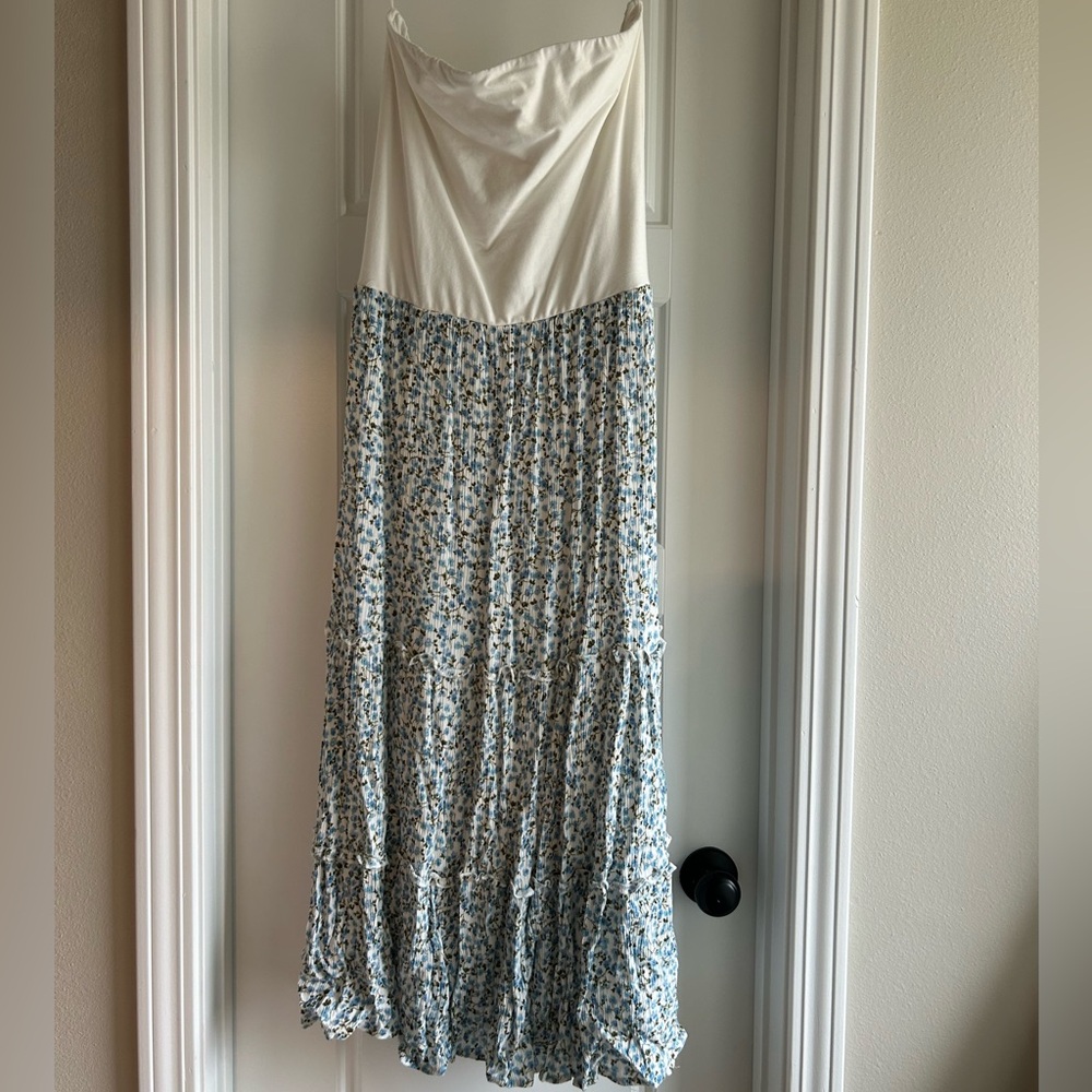 Strapless Maxi Dress in Cream and Blue Floral